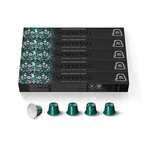 Nespresso Original World Explorations Stockholm Fortissio Lungo Coffee Capsules, Intensity 8, Dark Roast Espresso Pods, Aluminium, 50 Count (5 x 10), Intense Arabica Blend for Lungo (3.7 oz / 110ml), Pods with Malty and Toasted Notes