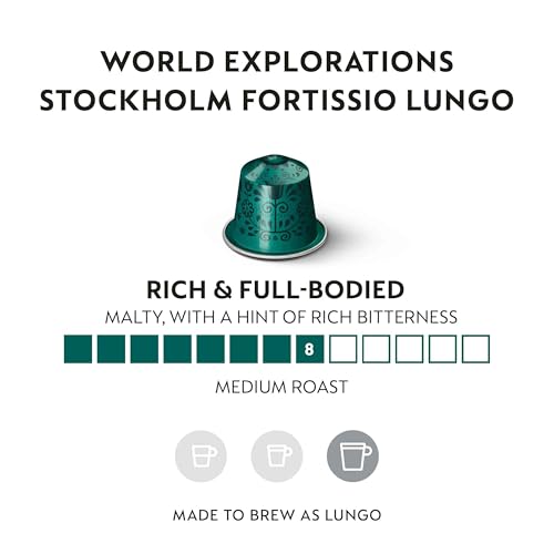 Nespresso Original World Explorations Stockholm Fortissio Lungo Coffee Capsules, Intensity 8, Dark Roast Espresso Pods, Aluminium, 50 Count (5 x 10), Intense Arabica Blend for Lungo (3.7 oz / 110ml), Pods with Malty and Toasted Notes - Image 2