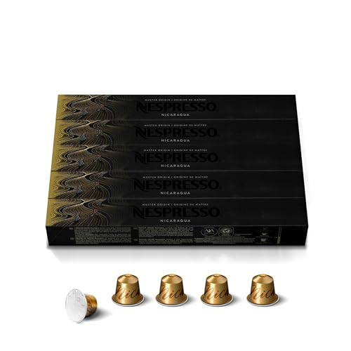 Nespresso Original Master Origin Nicaragua Coffee Capsules, Intensity 5, Medium Roast Espresso Pods, Aluminium, 50 Count (5 x 10), Black Honey Process Arabica for Espresso and Lungo, Pods with Sweet Cereal and Honey Notes